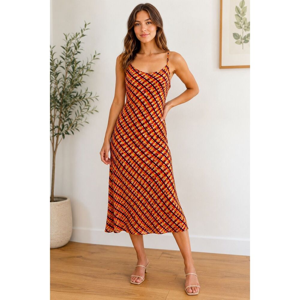 Lhd Laure Heriard Dubreuil The Marlin Midi Silk Slip Dress Retro Plaid New Size